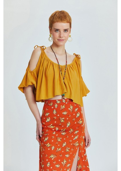 Omuzları Bağcıklı Düz Crop Top Sarı