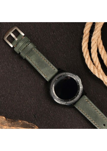 Samsung Watch 22mm Yeşil Deri Kordon Frontier 45 mm 46 mm Watch 3 Gear S 3 Classic Uyumlu Hakiki Deri Saat Kordonu Deri Kayış Yeşil