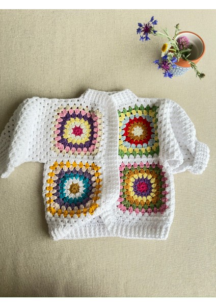 Dafne Dükkan El Örgüsü Motifli Bebek Hırkası Kroşe Hırka Crochet Granny Square Cardigan