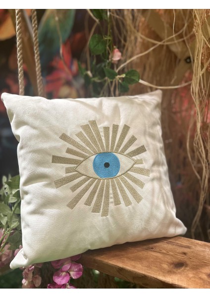 Gold Göz Nakışlı Kırlent Kılıfı Ekru - Gold modelleri