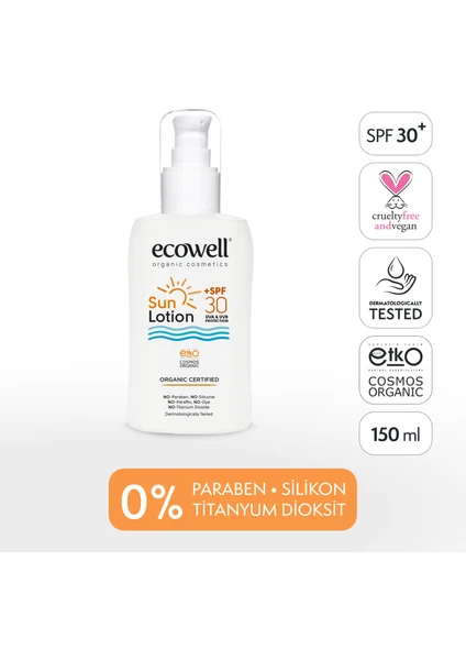 Güneş Losyonu, SPF30 Organik & Vegan Sertifikalı, Mineral Filtre, Yüz ve Vücut, UVA UVB Koruma 150ml