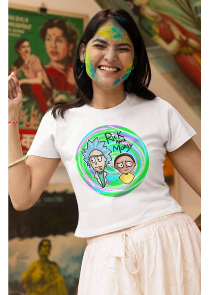 Rick Yazılı Crop Top, Kadın Tv Dizi Baskılı Crop Bluz