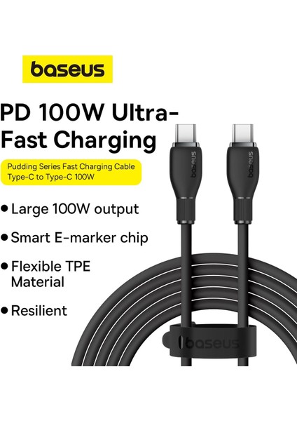 Pudding Serisi Type-C to Type-C 100 Watt Süper Hızlı , Android Uyumlu , İPhone 15 , Macbook , iPad Serileriyle Uyumlu 100W PD Hızlı Şarj ve Data Aktarım Kablosu Siyah