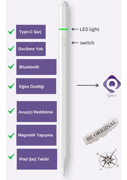 iPad 10. Nesil Uyumlu Pencil Usb-C Avuç Içi Red Eğim Özellikli Bluetooth Bağlantılı Stylus Kalem