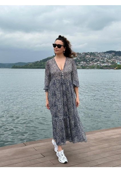 Minik Leopar Desen Maxi Şifon Elbise