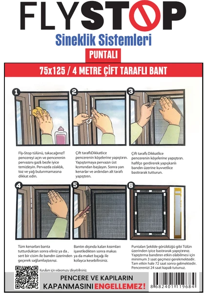 Keskin Pazarlama Flystop Pencere Cam Sineklik Sinek Tülü Tek Kanat Sineklik 75X125 cm 4 Metre Çift Taraflı Bant PUNTALI