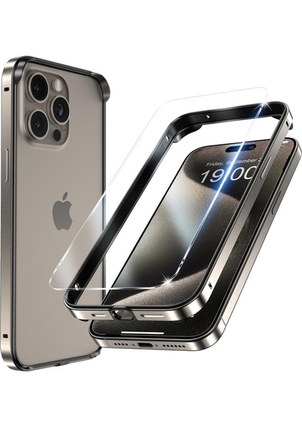 iPhone 15 Pro Max Kılıf Metal Bumper Land Kapak + Nano Ekran Koruyucu
