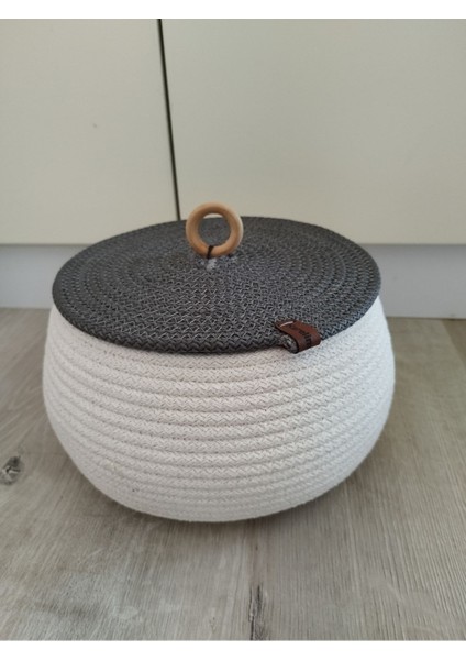 Çok Amaçlı Dekoratif Organizer Jüt Ip Beyaz Sepet Kapaklı Organizer 25X15