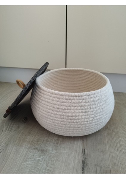 Çok Amaçlı Dekoratif Organizer Jüt Ip Beyaz Sepet Kapaklı Organizer 25X15