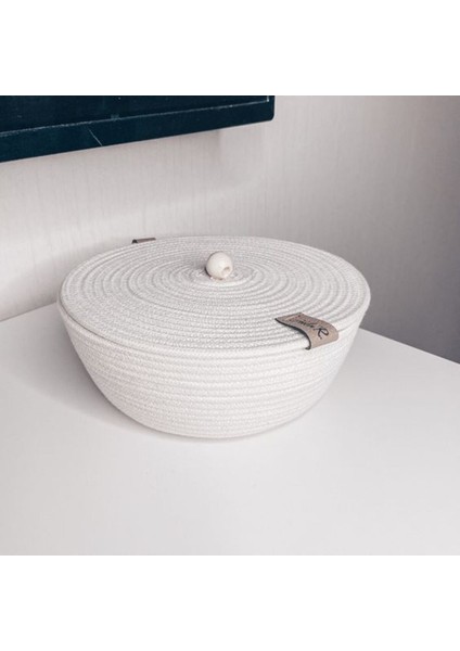 Çok Amaçlı Dekoratif Organizer Jüt Ip Beyaz Kapaklı Sepet 22X10