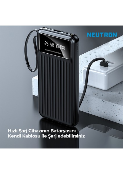 10.000 Mah Kablolu Dijital Göstergeli El Feneri Özellikli Powerbank - Siyah - NTL-PB-13N4