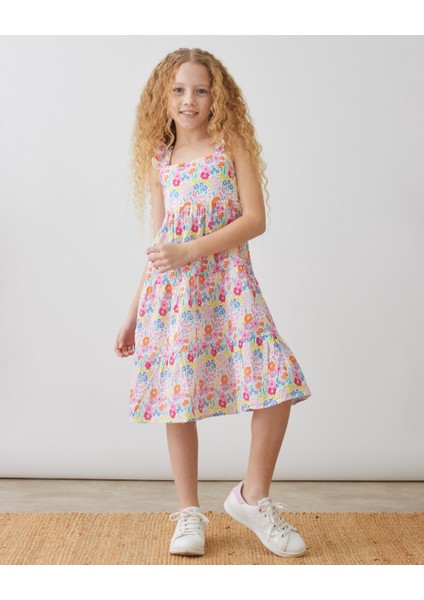 Kız Çiçek Desenli Poplin Elbise