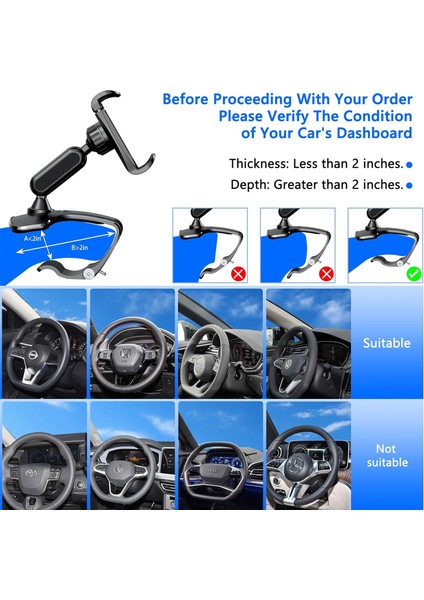 Araba Kontrol Paneli Telefon Klipsi Tutucu, 360° Dönen Çizgi Direksiyon Cep Telefonu Kelepçe Montaj Standı 4-7 Inç Akıllı Telefonlarla Uyumlu (Siyah) (Yurt Dışından) fiyatları