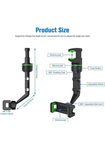 Araba Dikiz Aynası Cep Telefonu Tutucu Evrensel 360 Derece Dönen Dikiz Aynası Montaj Telefonu ve Gps Tutucu. (Gri) (Yurt Dışından) fırsatları