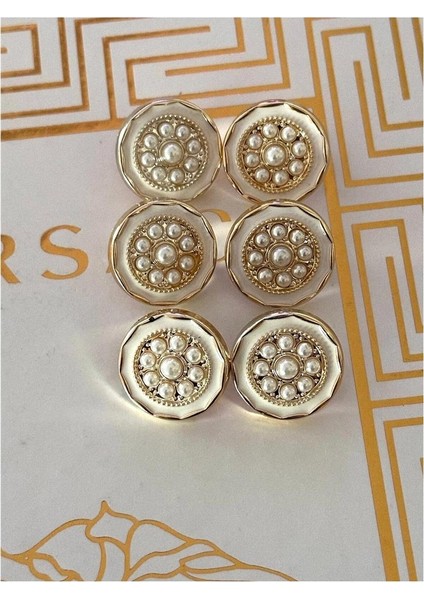 Beyaz Mineli Ortası Incili Gold Metalize 6 Lı Düğme Seti