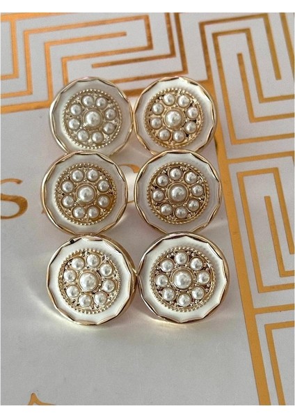 Beyaz Mineli Ortası Incili Gold Metalize 6 Lı Düğme Seti modelleri