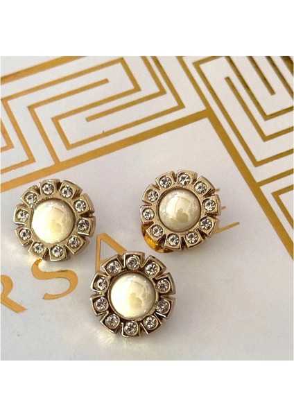 Yuvarlak Ortası Büyük Incili Kristal Taş Detaylı Metal 3lu Set (2cm)