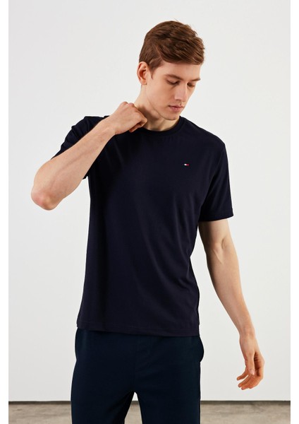 Erkek Bisiklet Yaka T-Shirt %100 Pamuk Nakış Detaylı Basic Lacivert Tişört fırsatları