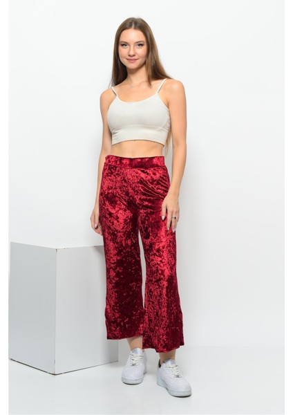 Kadın Beli Lastikli Yandan Yırtmaçlı Janjanlı Kadife Pantolon Kırmızı fırsatları