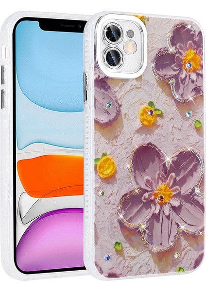 Apple iPhone 11 Kılıf Parlak Taşlı Çiçek Desenli Garden Sert Silikon Mor fiyatları
