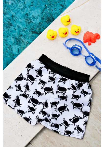 Erkek Çocuk Beyaz Yengeç Baskılı Bel Bağcıklı Deniz Şortu fiyatları