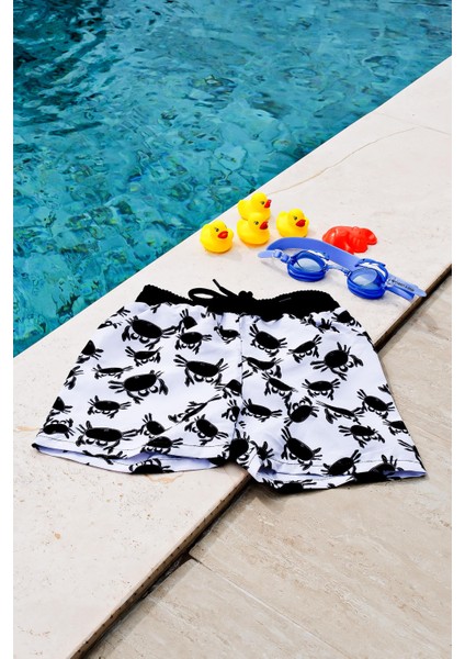 Erkek Çocuk Beyaz Yengeç Baskılı Bel Bağcıklı Deniz Şortu modelleri