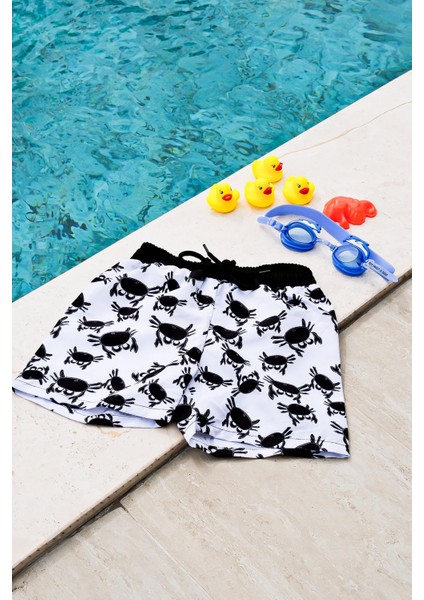 Erkek Çocuk Beyaz Yengeç Baskılı Bel Bağcıklı Deniz Şortu indirimleri