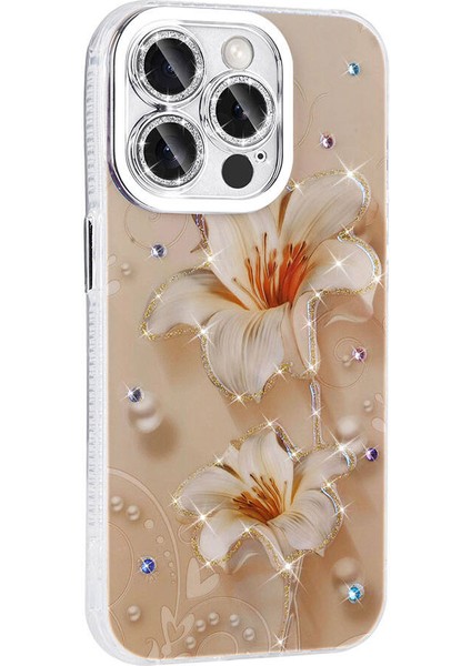Apple iPhone 15 Pro Kılıf Parlak Taşlı Çiçek Desenli Garden Sert Silikon Açık Pembe