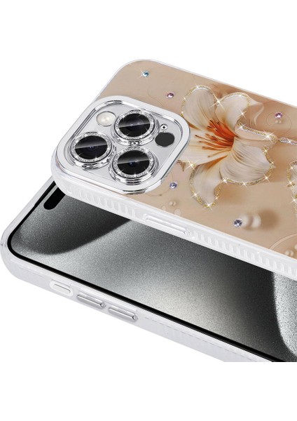 Apple iPhone 15 Pro Kılıf Parlak Taşlı Çiçek Desenli Garden Sert Silikon Açık Pembe modelleri