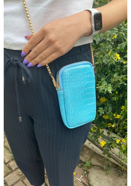 032 3200 Kroko Zincir Askılı Omuz Çantası Mavi Kroko Tek Ebat