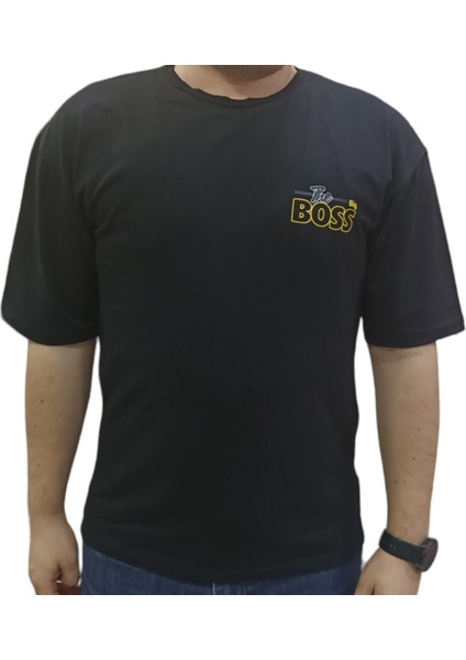 Erkek Çocuk The Boss Çift Taraf Yazı Resim Desenli Oversize Tişört Siyah