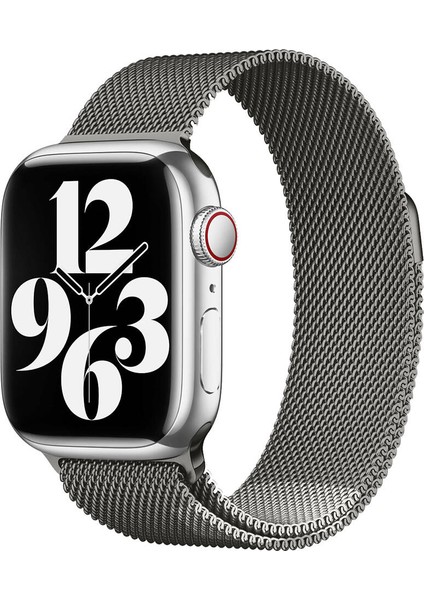 Apple Watch Se 2 2023 44MM Kordon Hasır Metal Örgülü Ayarlanabilir BAND01 Gri Koyu