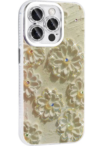 Apple iPhone 15 Pro Max Kılıf Parlak Taşlı Çiçek Desenli Garden Sert Silikon Beyaz