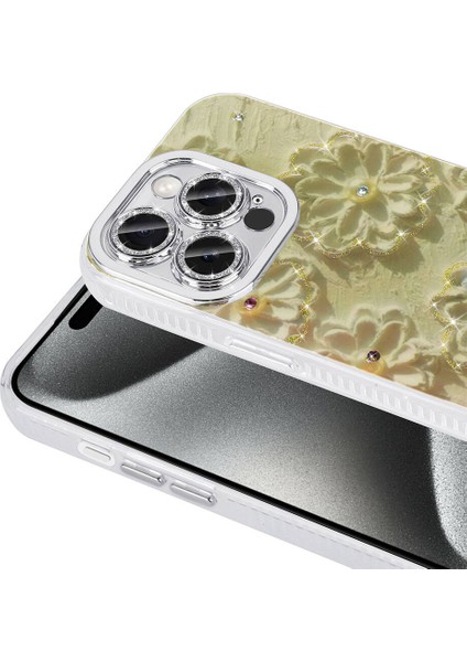 Apple iPhone 15 Pro Max Kılıf Parlak Taşlı Çiçek Desenli Garden Sert Silikon Beyaz modelleri