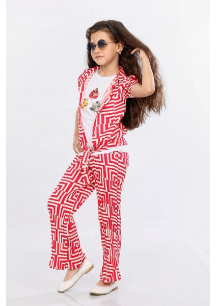 Kız Çocuk 3'lü Takım Bağlamalı Gömlek-T-Shirt ve Geniş Paça Pantolon MRN2428