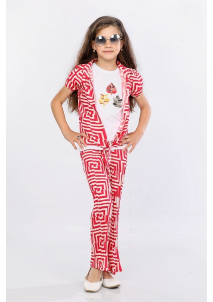 Kız Çocuk 3'lü Takım Bağlamalı Gömlek-T-Shirt ve Geniş Paça Pantolon MRN2428 fırsatları