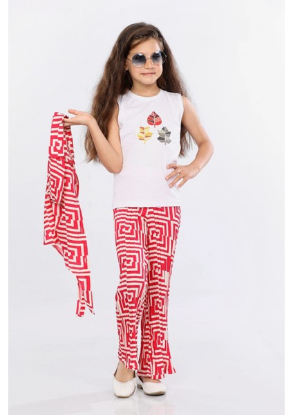 Kız Çocuk 3'lü Takım Bağlamalı Gömlek-T-Shirt ve Geniş Paça Pantolon MRN2428 indirimleri