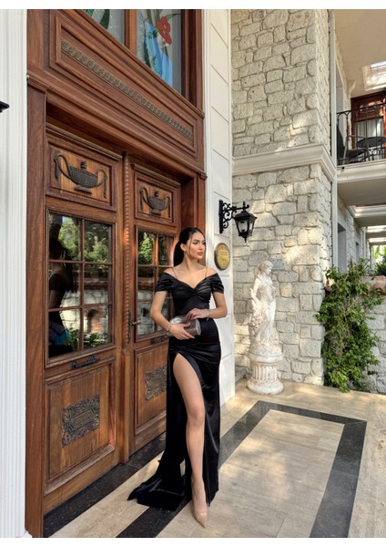 Stone Drape Yaka Yırtmaç Detay Kuyruklu Abiye Siyah
