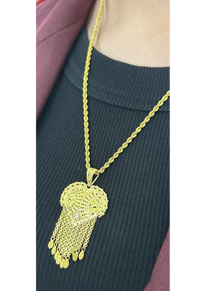 14 Ayar Altın Kalpli Model Hint Işi Kolye Ucu 7,60 Gram ve 14 Ayar Altın 4,73 Gram Halat Zincir