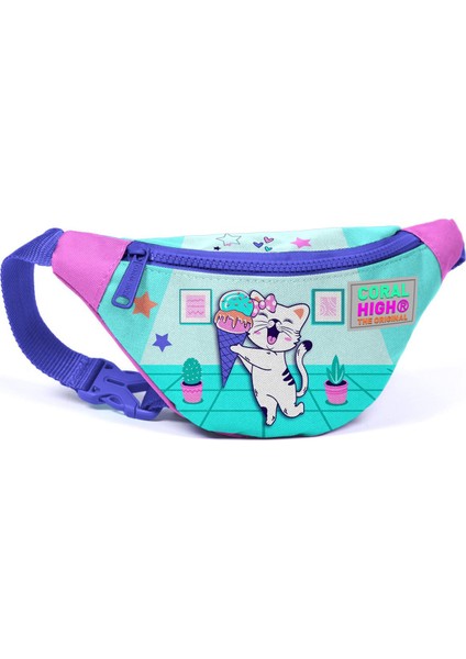 Kids Turkuaz Pembe Dondurmalı Kedi Desenli Bel Çantası 11503
