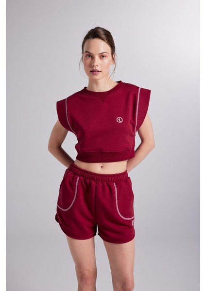 Crop Kesim Kontrast Dikişli rhode tshirt Bordo