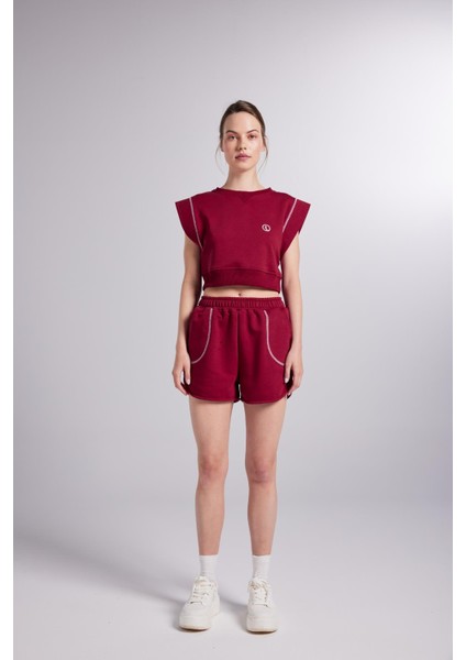 Crop Kesim Kontrast Dikişli rhode tshirt Bordo