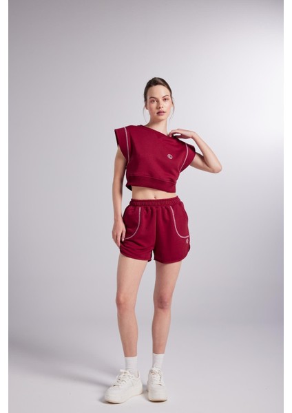 Crop Kesim Kontrast Dikişli rhode tshirt Bordo