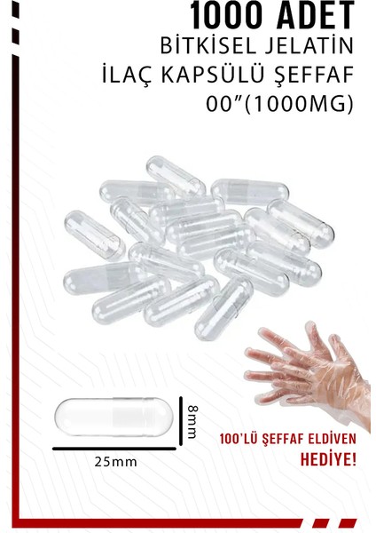Bitkisel Boş Ilaç Kapsülü 00''(1000 Mg) Bitkisel Jelatin Şeffaf 1000 Adet