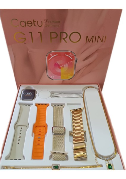 G11 Pro Mini Amoled Ekran Akıllı Saat 4 Kordon + Zümrüt Kolye ve Bileklik Hediye