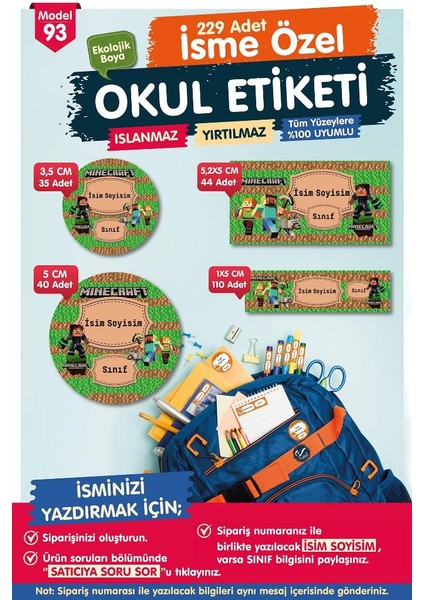 Okul Etiketi Minecraftkalem Defter Etiketi Özel Isim Yazılabilen Etiket Seti - Isim ETIKETI-T577-OE93