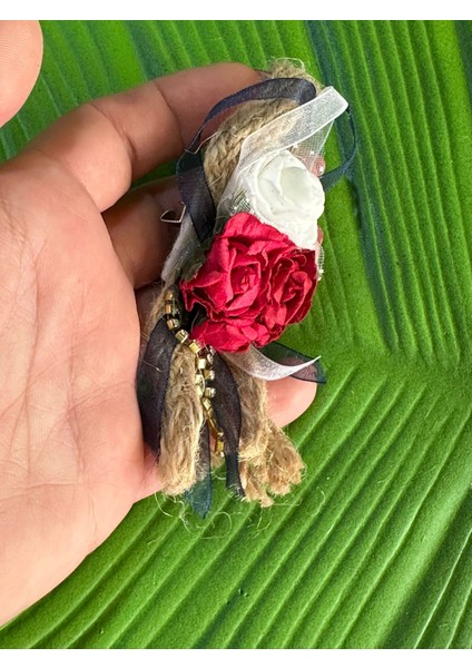8x5 cm Tasarım Hasır ve Çiçekli Yaka Iğnesi Türban Iğnesi Broş
