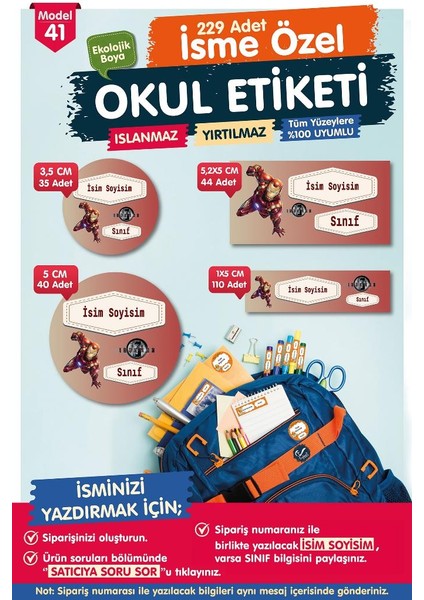 Okul Etiketi Iron Man Kalem Defter Etiketi Özel Isim Yazılabilen Etiket Seti - Isim ETIKETI-T569-OE41