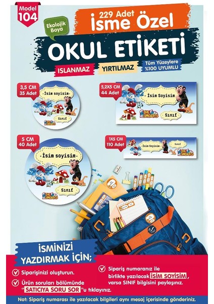 Okul Etiketi Şirinler Gargamel Kalem Defter Etiketi Özel Isim Yazılabilen Etiket Seti - Isim ETIKETI-T586-OE104