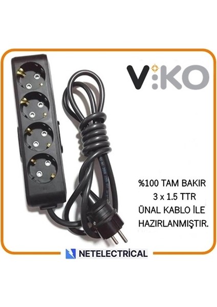 Multi-Let Siyah 4'lü 7 Metre Topraklı Çocuk Korumalı Kablolu Grup Priz